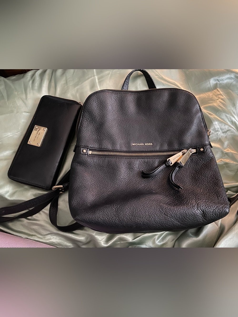 Michael Kors Black Pebbled Leather Backpack & Wallet Combo with Gold Hardware